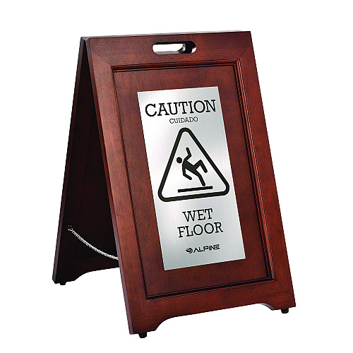 Alpine 2-Sided Plated Wooden A-Frame Bilingual Wet Floor Sign, 15 x 2 x 24, Stainless Steel (ALP499SSB)