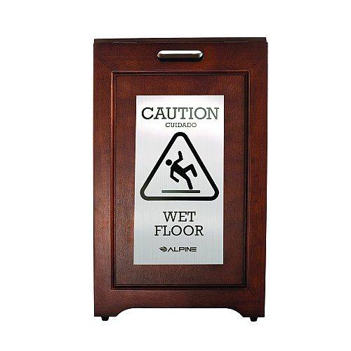 Alpine 2-Sided Plated Wooden A-Frame Bilingual Wet Floor Sign, 15 x 2 x 24, Stainless Steel (ALP499SSB)