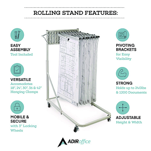 AdirOffice Blueprint Storage Cabinet Rolling Stand, Assorted Document Sizes Accommodated, 27" x 28.5" to 46.5" x 46" to 66", Gray (I613)