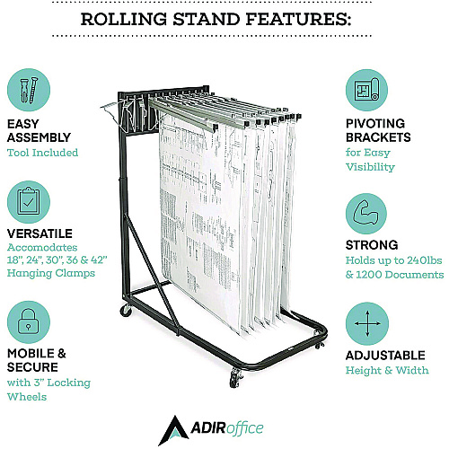 AdirOffice Blueprint Storage Cabinet Rolling Stand, Assorted Document Sizes Accomodated, 27" x 28.5" to 46.5" x 46" to 66", Black (I613BLK)