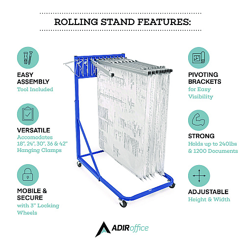 AdirOffice Blueprint Storage Cabinet Rolling Stand, Assorted Document Sizes Accomodated, 27" x 28.5" to 46.5" x 46" to 66", Blue (I613BLU)