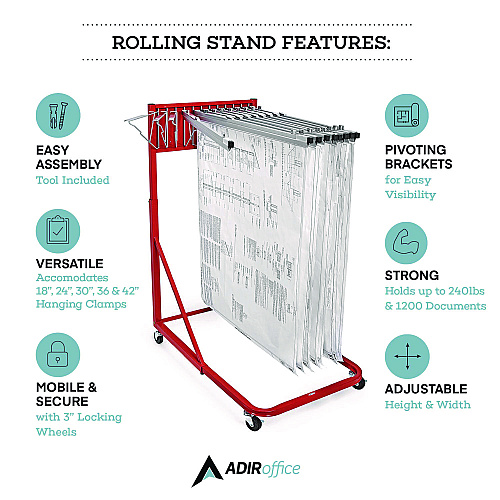 AdirOffice Blueprint Storage Cabinet Rolling Stand, Assorted Document Sizes Accomodated, 27" x 28.5" to 46.5" x 46" to 66", Red (I613RED)