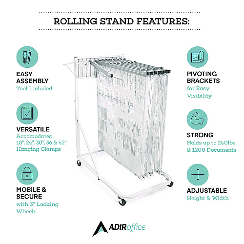 AdirOffice Blueprint Storage Cabinet Rolling Stand, Assorted Document Sizes Accomodated, 27" x 28.5" to 46.5" x 46" to 66", White (I613WHI)