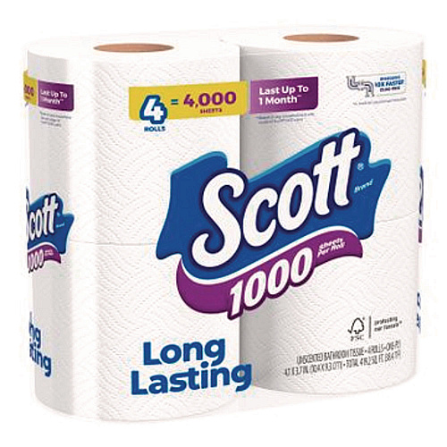 Scott 1000 Bathroom Tissue, Septic Safe, 1-Ply, White, 1,000 Sheets/Roll, 4 Rolls/Pack, 12 Packs/Carton (10183)