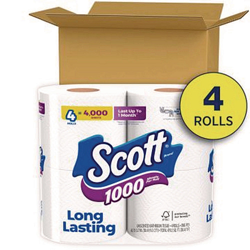 Scott 1000 Bathroom Tissue, Septic Safe, 1-Ply, White, 1,000 Sheets/Roll, 4 Rolls/Pack, 12 Packs/Carton (10183)