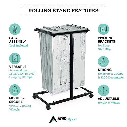 AdirOffice Blueprint Storage Cabinet Steel Vertical Plan Center, Assorted Document Sizes,15" x 27" to 47.25" x 32.5" to 57", Black (I614BLK)