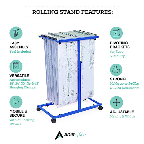 AdirOffice Blueprint Storage Cabinet Steel Vertical Plan Center, Assorted Document Sizes, 15" x 27" to 47.25" x 32.5" to 57", Blue (I614BLU)