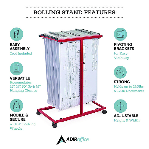 AdirOffice Blueprint Storage Cabinet Steel Vertical Plan Center, Assorted Document Sizes, 15" x 27" to 47.25" x 32.5" to 57", Red (I614RED)