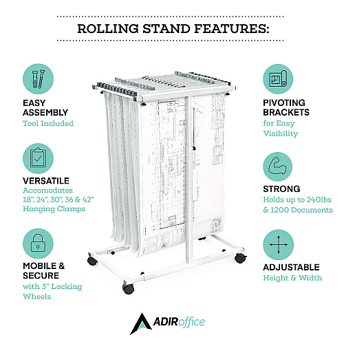 AdirOffice Blueprint Storage Cabinet Steel Vertical Plan Center, Assorted Document Sizes, 15" x 27" to 47.25" x 32.5" to 57", White (I614WHI)