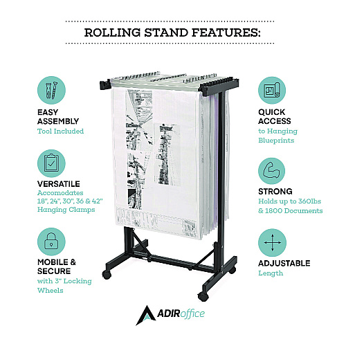 AdirOffice Expandable Blueprint Storage Cabinet Mobile Plan Center, Assorted Document Sizes, 20.5" x 28" to 46.5" x 50.75", Black (I615BLK)