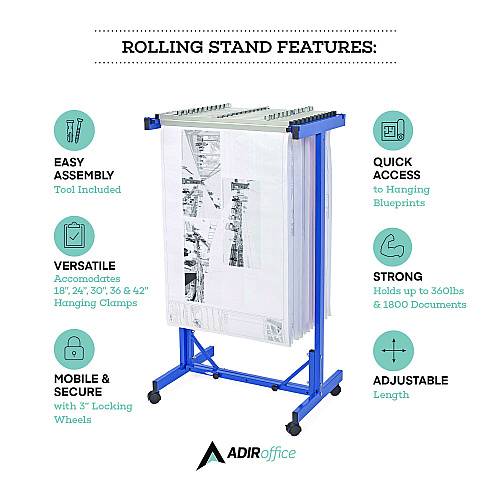 AdirOffice Expandable Blueprint Storage Cabinet Mobile Plan Center, Assorted Document Sizes, 20.5" x 28" to 46.5" x 50.75", Blue (I615BLU)