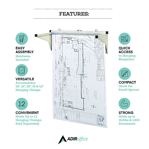 AdirOffice Drop Lift Blueprint Storage Wall Rack, Assorted Document Sizes Accommodated, 7.9" x 1.2" x 7.1", Gray (I616)