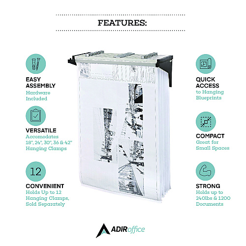 AdirOffice Drop Lift Blueprint Storage Wall Rack, Assorted Document Sizes Accommodated, 7.9" x 1.2" x 7.1", Black (I616BLK)
