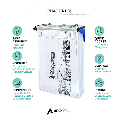 AdirOffice Drop Lift Blueprint Storage Wall Rack, Assorted Document Sizes Accommodated, 7.9" x 1.2" x 7.1", Blue (I616BLU)
