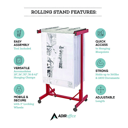 AdirOffice Expandable Blueprint Storage Cabinet Mobile Plan Center, Assorted Document Sizes, 20.5" x 28" to 46.5" x 50.75", Red (I615RED)