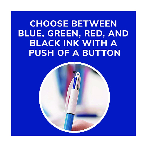 BIC 4-Color Multi-Color Ballpoint Pen, Retractable, Medium 1 mm, Black/Blue/Green/Red Ink, Blue/White Barrel (MM11)