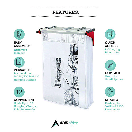 AdirOffice Drop Lift Blueprint Storage Wall Rack, Assorted Document Sizes Accommodated, 7.9" x 1.2" x 7.1", Red (I616RED)