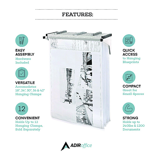 AdirOffice Drop Lift Blueprint Storage Wall Rack, Assorted Document Sizes Accommodated, 7.9" x 1.2" x 7.1", White (I616WHI)