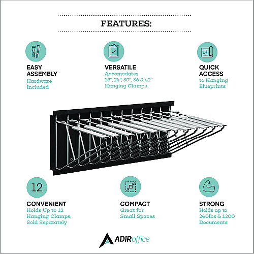 AdirOffice Large File Blueprint Pivot Wall Rack, Assorted Document Sizes Accommodated, 11" x 15.8" x 23.9", Black (I617BLK)