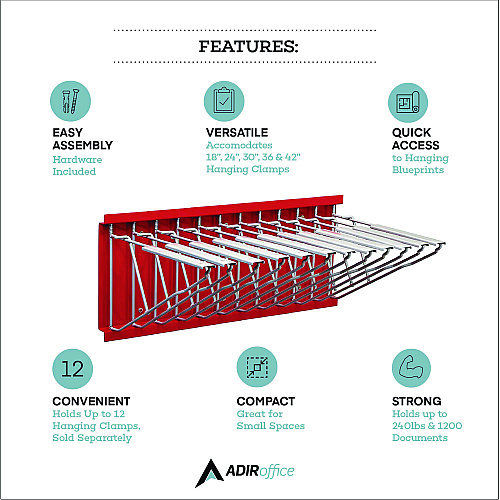 AdirOffice Large File Blueprint Pivot Wall Rack, Assorted Document Sizes Accommodated, 11" x 15.8" x 23.9", Red (I617RED)