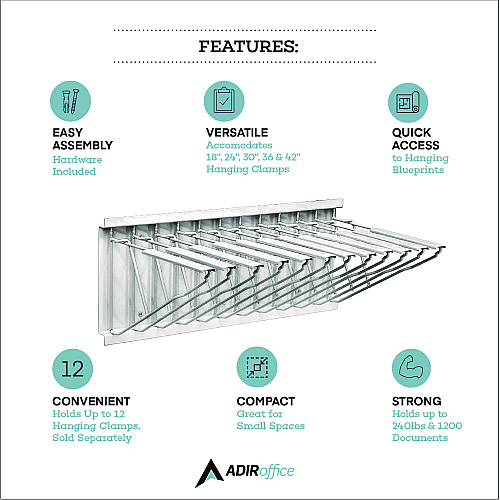 AdirOffice Large File Blueprint Pivot Wall Rack, Assorted Document Sizes Accommodated, 11" x 15.8" x 23.9", White (I617WHI)