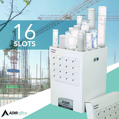 AdirOffice 16 Slot Blueprint Rolled File Upright Storage Box, 16 Compartments, 17.5 x 17.5 x 25, White (I622)