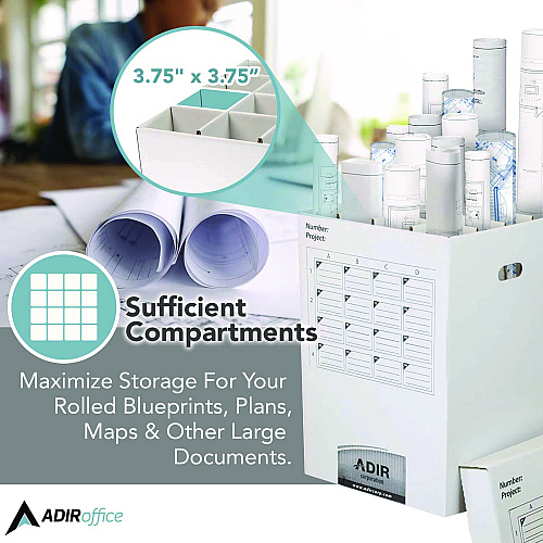 AdirOffice 16 Slot Blueprint Rolled File Upright Storage Box, 16 Compartments, 17.5 x 17.5 x 25, White (I622)