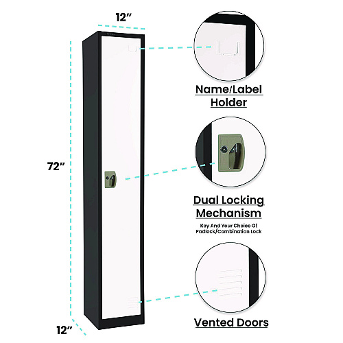 AdirOffice Steel Storage Locker, 1 Compartment, 12 x 12 x 72, Black Body/White Doors (I629201BW)