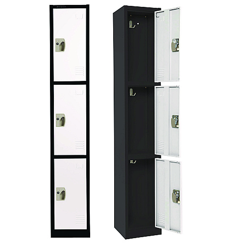 AdirOffice Steel Storage Locker, 3 Compartment, 12 x 12 x 72, Black Body/White Doors (I629203BW)