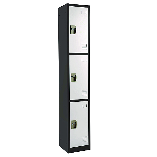 AdirOffice Steel Storage Locker, 3 Compartment, 12 x 12 x 72, Black Body/White Doors (I629203BW)