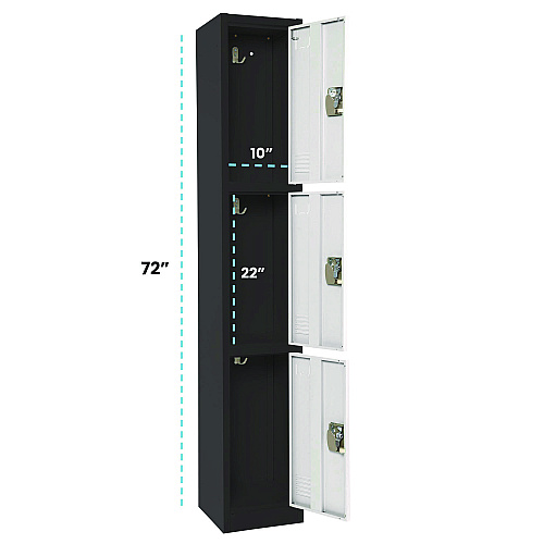 AdirOffice Steel Storage Locker, 3 Compartment, 12 x 12 x 72, Black Body/White Doors (I629203BW)