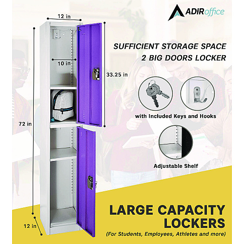 AdirOffice Steel Storage Locker, 2 Compartment, 12 x 12 x 72, Purple (I629202PUR)