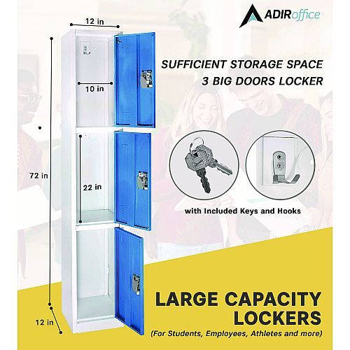AdirOffice Steel Storage Locker, 3 Compartment, 12 x 12 x 72, Blue (I629203BLU)