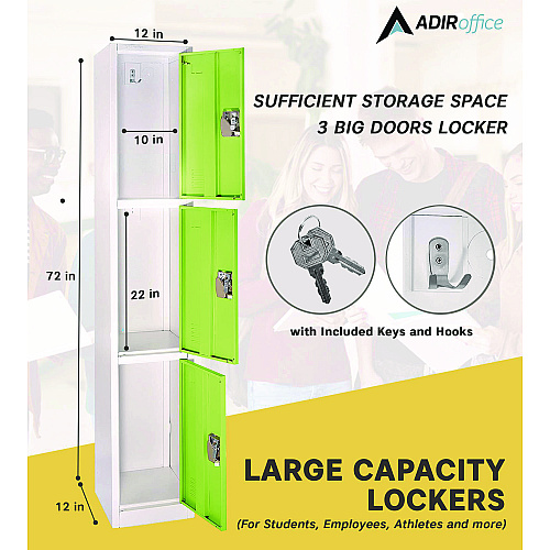 AdirOffice Steel Storage Locker, 3 Compartment, 12 x 12 x 72, Green (I629203GRN)