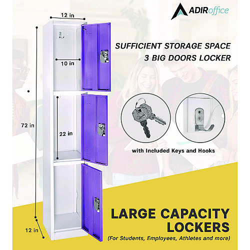 AdirOffice Steel Storage Locker, 3 Compartment, 12 x 12 x 72, Purple (I629203PUR)