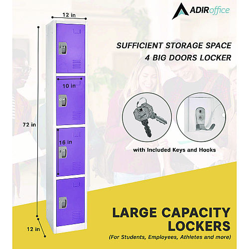 AdirOffice Steel Storage Locker, 4 Compartment, 12 x 12 x 72, Purple (I629204PUR)