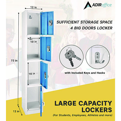 AdirOffice Steel Storage Locker, 4 Compartment, 12 x 12 x 72, Blue (I629204BLU)