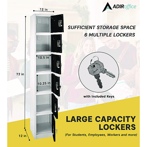 AdirOffice Steel Storage Locker, 6 Compartment, 12 x 12 x 72, Black (I629206BLK)