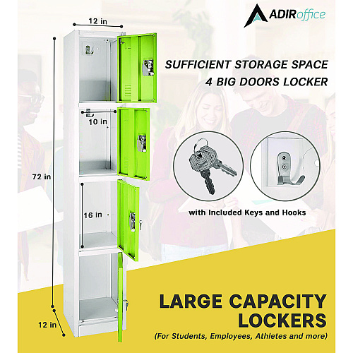 AdirOffice Steel Storage Locker, 4 Compartment, 12 x 12 x 72, Green (I629204GRN)