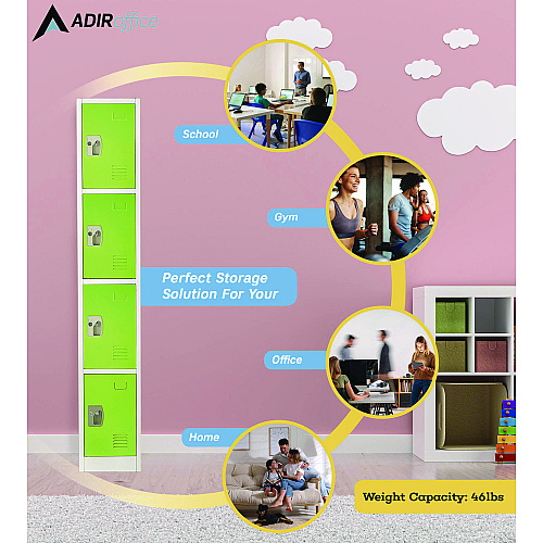 AdirOffice Steel Storage Locker, 4 Compartment, 12 x 12 x 72, Green (I629204GRN)