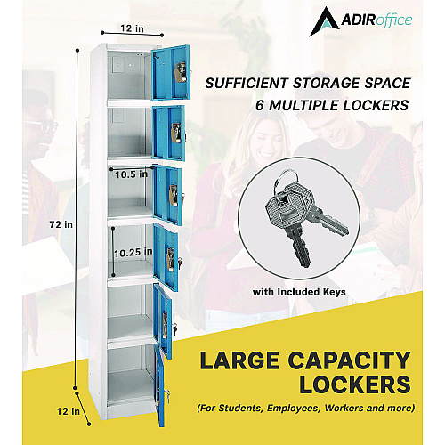 AdirOffice Steel Storage Locker, 6 Compartment, 12 x 12 x 72, Blue (I629206BLU)