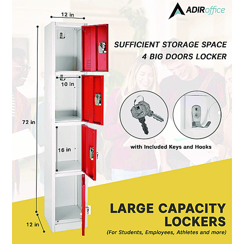 AdirOffice Steel Storage Locker, 4 Compartment, 12 x 12 x 72, Red (I629204RED)