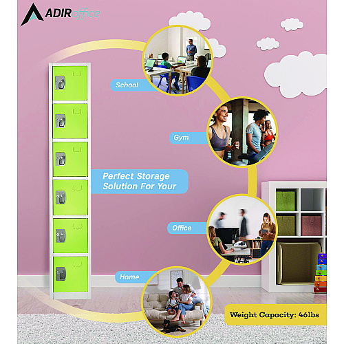 AdirOffice Steel Storage Locker, 6 Compartment, 12 x 12 x 72, Green (I629206GRN)