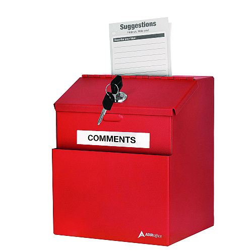 AdirOffice Wall Mountable Steel Suggestion Secure Drop Box with Key, 7 x 6 x 8.5, Stainless Steel 304, Red (I63101RED)