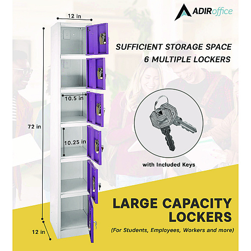 AdirOffice Steel Storage Locker, 6 Compartment, 12 x 12 x 72, Purple (I629206PUR)