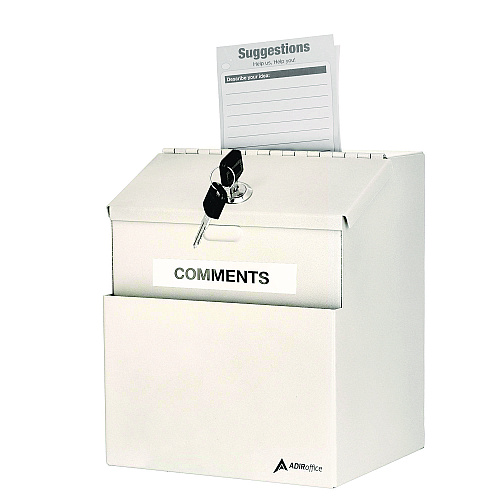 AdirOffice Wall Mountable Steel Suggestion Secure Drop Box with Key, 7 x 6 x 8.5, Stainless Steel 304, White (I63101WHI)