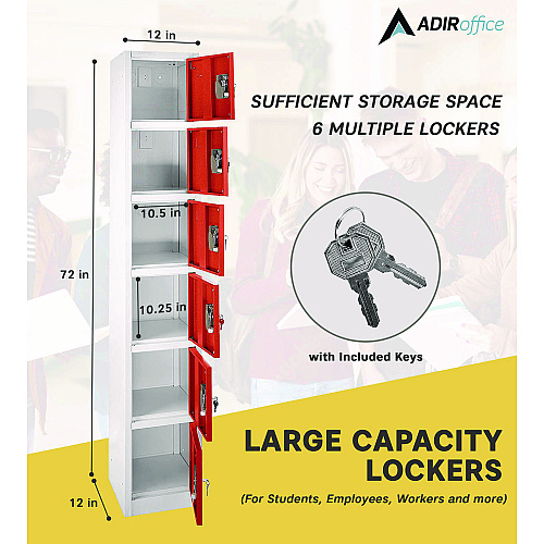 AdirOffice Steel Storage Locker, 6 Compartment, 12 x 12 x 72, Red (I629206RED)