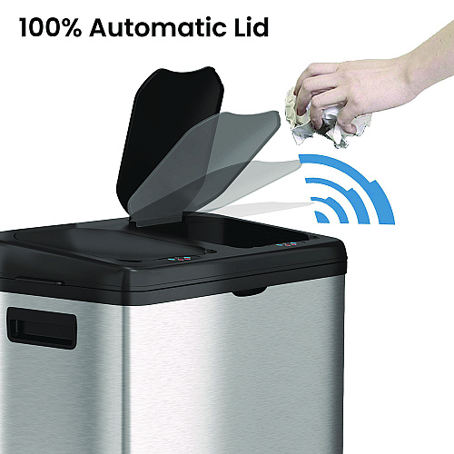HLS Commercial Dual Compartment Sensor Recycle Bin and Trash Can with Wheels, 16 gal, Plastic/Stainless Steel, Silver/Black (HLS16DCSS)