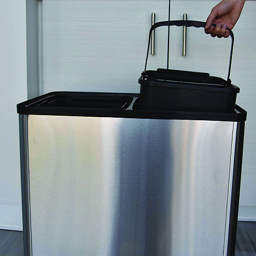 HLS Commercial Dual Compartment Sensor Recycle Bin and Trash Can with Wheels, 16 gal, Plastic/Stainless Steel, Silver/Black (HLS16DCSS)