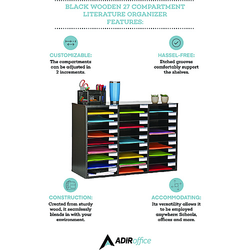 AdirOffice Wooden 27 Compartment Literature Organizer, 27 Sections, Letter Size, 31.49 x 11.81 x 21.65, Black (IOF20101BLK)
